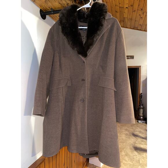 Womens Forecaster of Boston‎ Brown Trench Pea Coat Faux Fur Removable Detail 20W - Picture 1 of 11